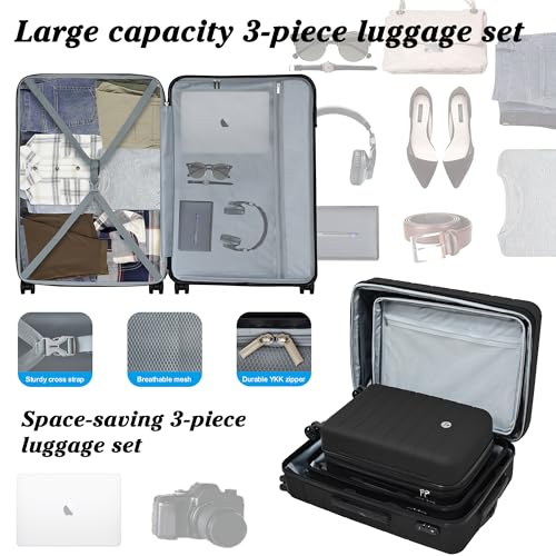 KEYTANG Classic Light Weight Hardside Expandable Spinner Wheels Luggage Suitcase W/TSA Lock, Apricot Black, 3 Piece Set