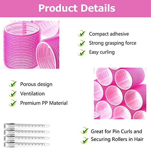 Jumbo 24Pcs Self-Grip Hair Roller Set - 12 Heatless Rollers & 12 Duckbill Clips for Long, Medium Hair Bangs Volume