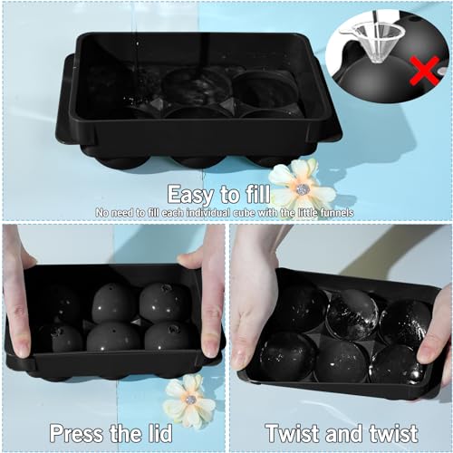 WIBIMEN Large Ice Cube Tray, 2IN Whiskey Ice Mold, 2 Pack Sphere Ice Cube Mold with Bin & Tong, Leak-free Round Ice Cube Mold, Easy Fill & Release Ice Ball Maker for Whiskey Cocktails Bourbon(Black)