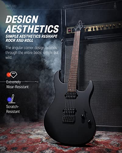 Donner Solid Body Electric Guitar, Matte Finish 39 Inch Metal Electric Guitar Beginner Kits with Bag, Strings, Strap, Cable, Strings Dampener for Rock Music Lover, DMT-100 (Matte Black)
