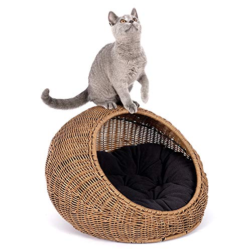 D+GARDEN Wicker Cat Bed Dome for Medium Indoor Cats - a Covered Cat Hideaway Hut of Faux Rattan Houses Pets in Dome Basket, Washable