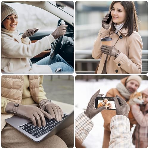 Womens Winter Leather Gloves Touchscreen Texting Warm Driving Lambskin Gloves (Beige, S)