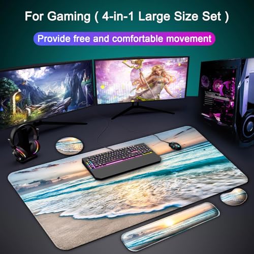 Keyboard Wrist Rest + Mouse Pad with Wrist Support + Desk Mat + Coaster 4 in 1 Set, XXL Large Gaming Mousepad Cute Ergonomic Mouse Pads for Desk Computer Laptop Office Decor-Vector Forest