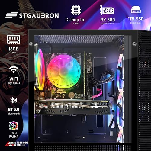 STGAubron Gaming Desktp PC, Radeon RX 560 4G, Intel Core I3-10105F 3.7 up to 4.4G, 16G DDR4, 512G SSD, 600M WiFi, BT 5.0, RGB Fan x 4, RGB Keyboard & Mouse & Mouse Pad, W11H64