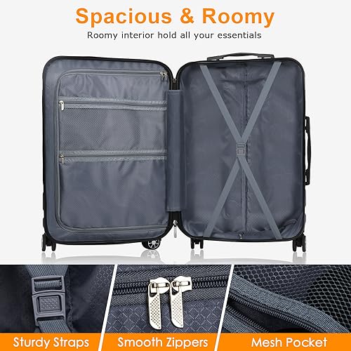 YEMENREN Luggage Sets Hardside Lightweight Suitcase with Spinner Wheels TSA Lock, 3-Piece Set (20/24/28), Black