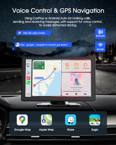 9'' Wireless Apple Carplay Screen for Car & Android Auto with 4K Dash Cam, Portable Car Stereo, 1080P Backup Camera, GPS Navigation, Car Audio Receivers Bluetooth, Mirror Link, Voice Control