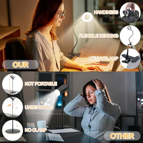Foneso Desk Lamp Clip on Light, 48 LED USB Lamp with 3 Color Modes 10 Brightness Levels, 360° Flexible Gooseneck Eye Protection Bed Night Light for Reading, Makeup, Craft (Black)