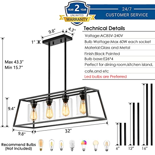 Black Farmhouse Chandeliers for Dining Room, Rustic Kitchen Island Light Fixture, 4-Light Linear Pendant Lights Kitchen Island with Glass Shade ,Apply to Dining Room Light fixtures Over Table
