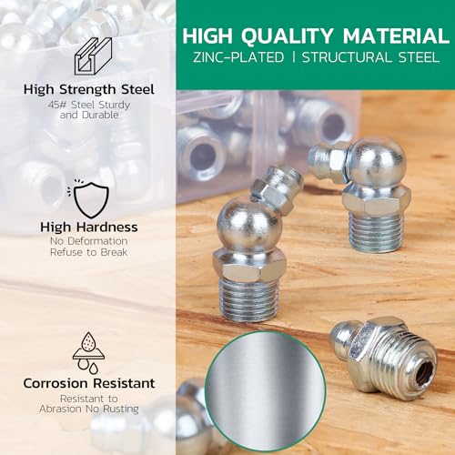 OURU 120PCS SAE Grease Fittings Assortment,NPT 1/4" 1/8" Zerk Grease Fittings Kit Straight 45 90 Degree Grease Nipple