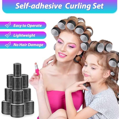 Rollers Hair Curlers 48 Pcs Set with 24Pcs Hair Rollers 4 Sizes (6 Jumbo Rollers/6 Large Rollers/6 Medium Rollers/6 Small Rollers) and 24 Pcs Hair Clips for Long Medium Short Hair (Black)