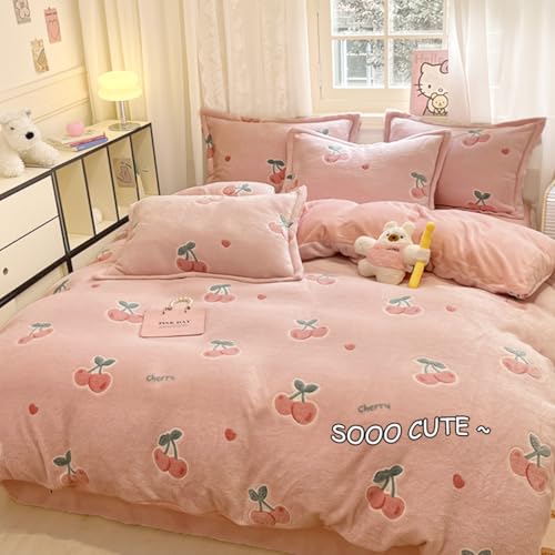 LMONMOO Pink Duvet Cover Twin, Ultra Soft Fluffy Comforter Cover Set, Cute Kawaii Bedding Sets for Girl Kids, All Season(Cherry, Twin)