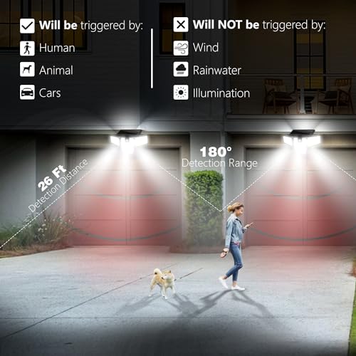 AmeriTop Solar Lights Outdoor, 2 Pack LED High Brightness Cordless Solar Motion Sensor Lights; 4 Adjustable Heads, 320ยฐ Wide Angle Illumination, IP65 Waterproof, Security LED Wall Light(Daylight)