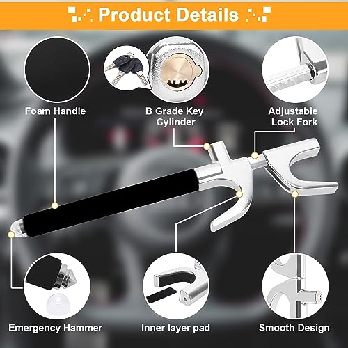 Turnart Steering Wheel Lock Universal Car Lock Anti-Theft Device Retractable Steering Lock with 3 Keys for Auto/Truck/SUV/Van (Black)