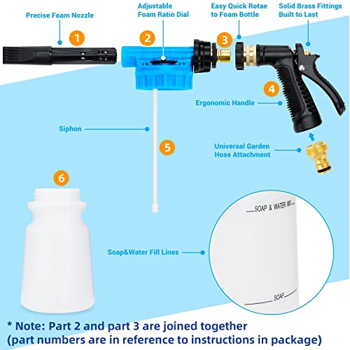 Ohuhu Car Wash Foam Gun, Car Wash Soap Sprayer with 3/8" Brass Connector & Car Washing Mitts, Dual Filtration, 6 Levels of Foam Concentration, Quick Connect to Most Garden Hose (Green)