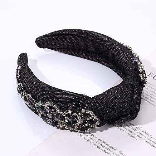GLBCC Flower Knot Headband Rhinestone Crystal Flower Knotted Hairband Headpiece Wide Vintage Head Band for Women Spring Summer Hairpiece Hair Accessories Gift (black flower hairband)