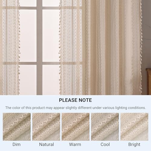 WAZZIO Boho Crochet Semi-Sheer Curtains - 108 Inch Long, 2 Panel Sets - Farmhouse Vintage Geometry Knitted Lace Beige Drapes with Retro Tassel for Living Room & Bedroom