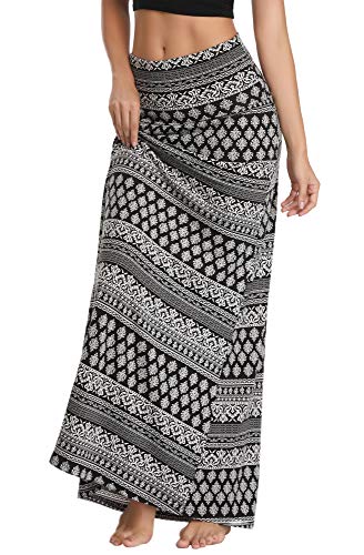 Urban CoCo Women's Stylish Spandex Comfy Fold-Over Flare Long Maxi Skirt (M, Greyish Blue)