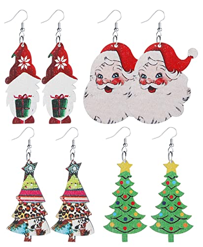 Taouzi 4 Pairs Christmas Earrings for Women Painted Wooden Christmas Earrings Cute Santa Claus Christmas Tree Teardrop Dangle Earrings Christmas Gift for Women