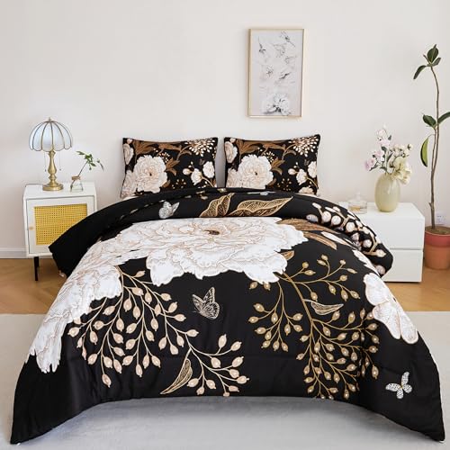 ANGIYUIN Black Floral Full Size Comforter Set White Flowers Bedding Set 3 Pcs Gold Leaves Butterfly Botanical Bedding Comforter Set Soft Farmhouse Bed Sets for Women Men