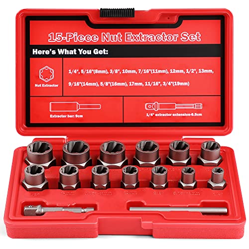 UYECOVE 15-Pcs Bolt Extractor Set, 3/8'' Drive Easy Out Bolt Extractor Set, Stripped Bolt Remover Nut Extractor Set for Damaged, Frozen, Rusted Sockets, Rounded-Off Bolts, Nuts & Screws