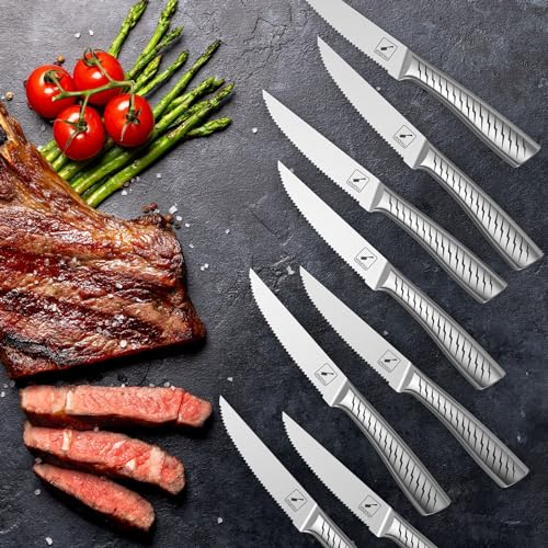 imarku Steak Knives, Serrated Steak Knives Set of 6 with Lightning Bolt Handle, Premium One Piece Steak Knife Set, High Carbon Stainless Steel Steak Knives Set for Kitchen, Dishwasher Safe