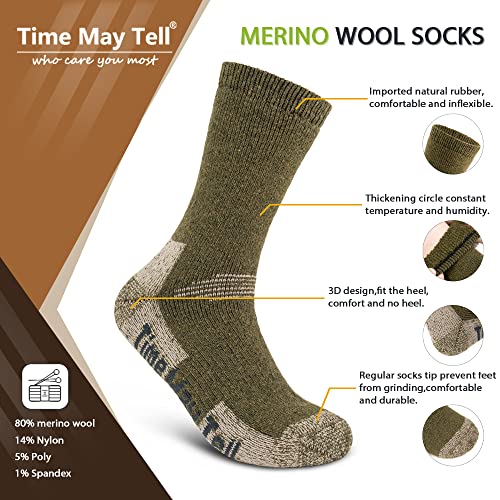 Time May Tell Mens and womens Merino Wool Hiking Cushioning Socks For Outdoor Wool-Socks-For-Men 3 Pack (Black/Green/Blue(3 Pairs) US Size 5-9