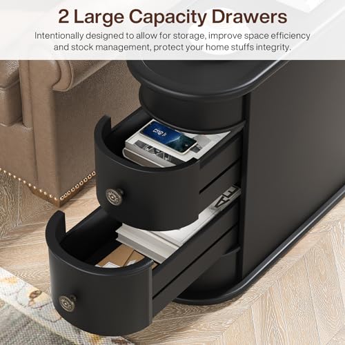 Tribesigns End Table with 2 Drawers, Black Sofa Side Table with Storage, No Assembly Required, Closed Back, Slim Nightstand Vintage Wood Chairside Bedside Narrow Accent Table for Living Room Bedroom