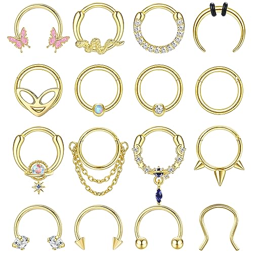 LOYALLOOK 16G Septum Rings Hoop for Women Men Surgical Steel Dangle Septum Jewelry Septum Clicker Horseshoe Nose Rings Hoop Hinged Segment Daith Helix Tragus Cartilage Earrings Piercing 10MM Gold Tone