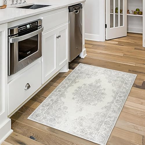 ReaLife Machine Washable Area Rug Runner - Living Room Bedroom Bathroom Kitchen Entryway Office - Padded Low Pile Stain Resistant Premium - Boho Farmhouse Vintage - Noor - Silver Ivory 2'6" x 6'