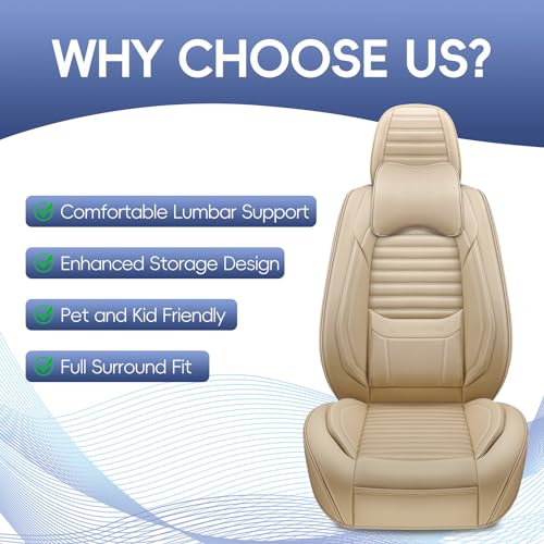 GEEYONTEK Car Seat Covers Front Set, Leather Seat Covers Front and Rear 2pcs Seats with Headrest Pillow, Airbag Compatible, Universal Seat Protectors Suitable for Most SUV Trucks Pick-up(Beige)