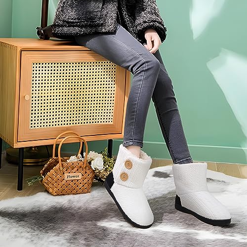 ONCAI Womens Slippers Bootie Slipper Boots for Women Winter Warm Fuzzy Knit House Slipers White Size 5-6