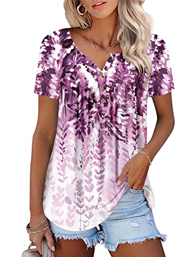 ONLYSHE Casual Shirts for Woman Short Sleeve Fit and Flare Vneck Button Summer Floral Blouse TealWhite S