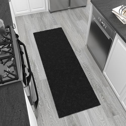 Ottomanson Indoor Solid Shag Design Rubber Back 2x6 Soft Pile Shag Runner Rug for Hallway, Entryway, Kitchen, Living Room, Bedroom, Bathroom, 2' x 6', Black