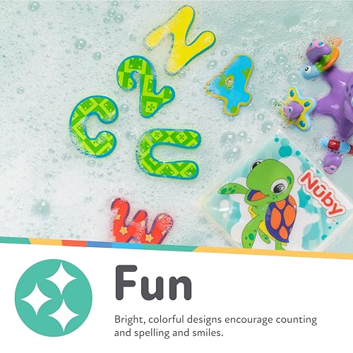Nuby Floating Bath Tub Alphabet and Number Set, Soft Foam Educational Waterproof Letters and Numbers Toy, 36 Pieces