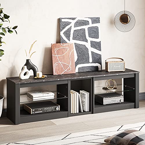 Bestier TV Stand for 70 inch TV, Gaming Entertainment Center for PS5, LED TV Cabinet with Glass Shelves for Living Room, 63'' Inch, Black Marble