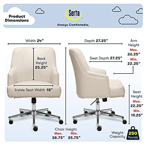 Serta Leighton Home Office Chair with Memory Foam, Height-Adjustable Desk Accent Chair with Chrome-Finished Stainless-Steel Base, Bonded Leather, Cream White