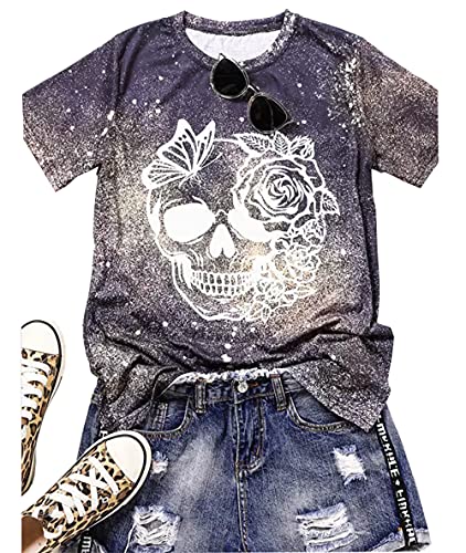 Halloween Skull Floral Bleached T-Shirt Women Funny Skull Face Graphic Shirt Casual Short Sleeve Fall Tops Tee (As Show, S)