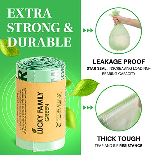 Lucky Family Green Compost Bags for Kitchen Countertop Bin -1.3 gallon trash bags to 1.6 Gallon trash bags - 100% Compostable Trash Bags for Food Waste, Organic Biodegradable Trash Bags - 50 Bags Roll