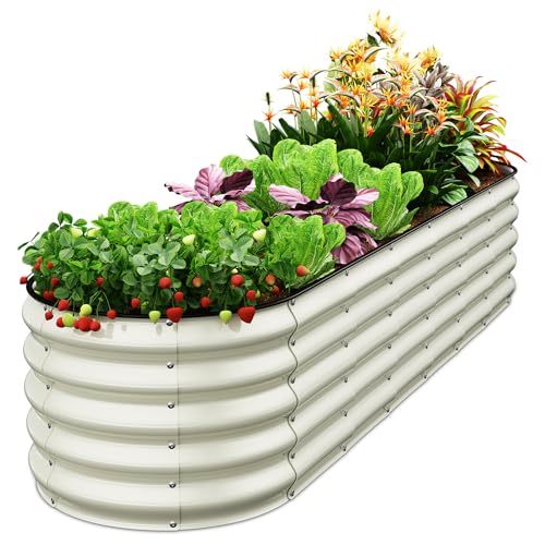 Pattiumo Oval 8x2x1.5 FT Galvanized Raised Garden Bed Kit, 7 in 1 Large Metal Planter Box for Outdoor Gardening, 18” Garden Bed for Vegetables Flower Herb(Pearl White)