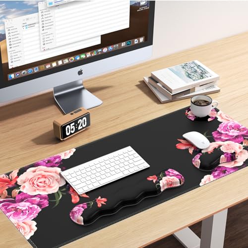 iLeadon Mouse Pad Set, Desk Mat + Mouse Pad with Wrist Rest + Keyboard Wrist Rest + Coaster, 4in1 Large Gaming Mouse Pad Set for Home Office, Heart Purple