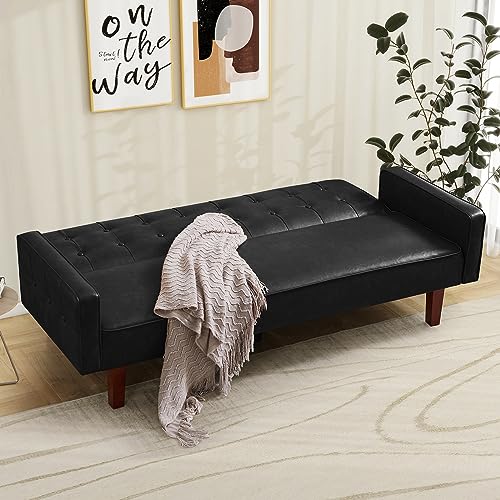 IULULU Futon Sofa Bed, Modern Convertible Faux Leather Sleeper Couch with Armrests for Studio, Office, Apartment, Compact Living, Game Room, Overnight Guests, Brown