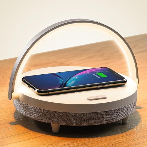 EZVALO Gift for Her, Music Table Lamp with Wireless Charger, 4 in 1 Touch Bedside Lamp, Portable Bluetooth Speaker, Phone Holder, Dimmable LED Night Light Birthday Gifts for Women, Men, Dad, Mom