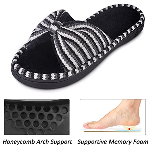 DL Women's Memory Foam Open Toe Slide Slippers with Cute Bow and Cozy Terry Lining, Slip-on House Shoes Spa Mules Sandals with Indoor Outdoor Rubber Sole