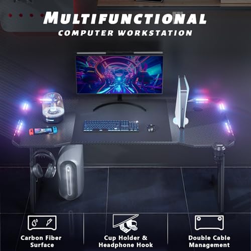 HLDIRECT 47 Inch Gaming Desk with LED Lights Carbon Fibre Surface Gaming Table Large Computer Desk Ergonomic Home Office Desks Z Shaped PC Gamer Workstations with Cup Holder & Headphone Hook