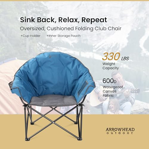 ARROWHEAD OUTDOOR Oversized Heavy-Duty Club Folding Camping Chair w/External Pocket, Cup Holder, Portable, Padded, Moon, Round, Saucer, Supports 330lbs, Carrying Bag, USA-Based Support