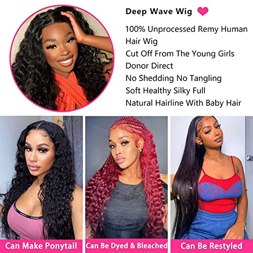 Deep wave Lace Front Wigs Human Hair Pre Plucked 180% Density 13x6 HD Transparent Brazilian Virgin Human Hair Wigs for Women Deep curly Wet and Wavy Lace Frontal wig Human Hair Natural Color