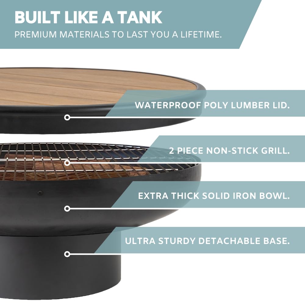 DENKOE 32 Inch Round Fire Pit Table with Fire Pit Grill, Extra Thick, Heavy Duty Fire Bowl, Deep Outdoor Firepit, Wood Burning Firepits for Outside Patio, Backyard Fire Pits, Large BBQ Pit