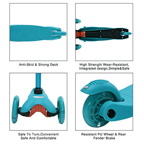 ChromeWheels Scooter for Kids, Deluxe 3 Wheel Scooter for Toddlers 4 Adjustable Height Glider with Kick Scooters, Lean to Steer with LED Flashing Light for Ages 3-6 Girls Boys, Aqua