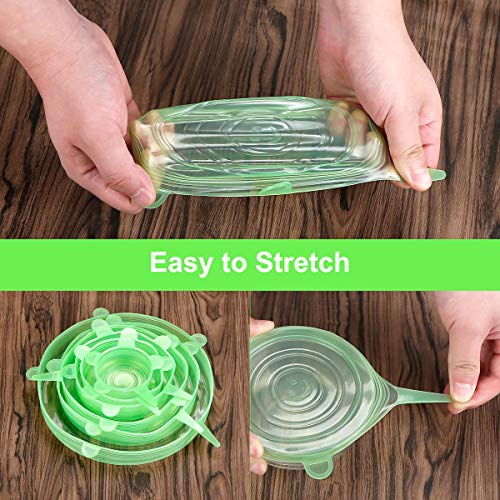 ONEGOL Silicone Stretch Lids, 12 Pack Silicone Lids, 6 Sizes BPA-free Silicone Bowl Covers Reusable for Cups, Bowls and Dish, Flexible, Round and Rectangle Fit 2.8” - 8.2” Container, Green & Blue