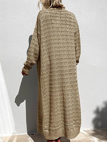 ZoeAce Womens Crochet Maxi Cardigan Sweaters Open Front Knit Long Sleeve Lightweight Duster Cardigan Casual Winter Outfits Yellow